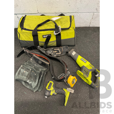 RYOBI ONE+ 18V (RRS1801) Reciprocating Saw, (RID18C) Impact Driver, Carry Bag and Tool Belt