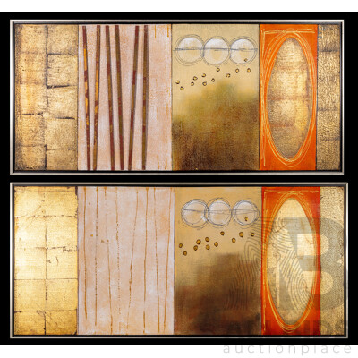 Artist Unknown (20th Century), Large Abstract Dreams - Oval Moonscapes I and II, Pair of Wonderful Original Mixed Media on Canvas, 70 x 150 cm (frame) (2)