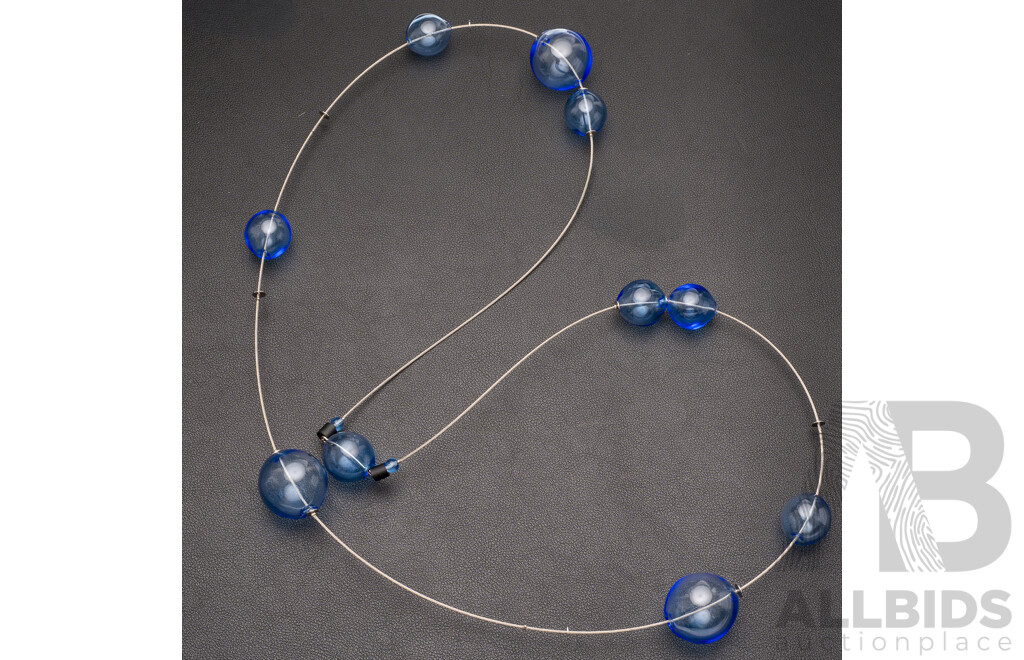 Jolly Venezia, Made in Italy, Hand Blown Blue Glass Bauble Necklace on Stainless Steel, 120cm, as New
