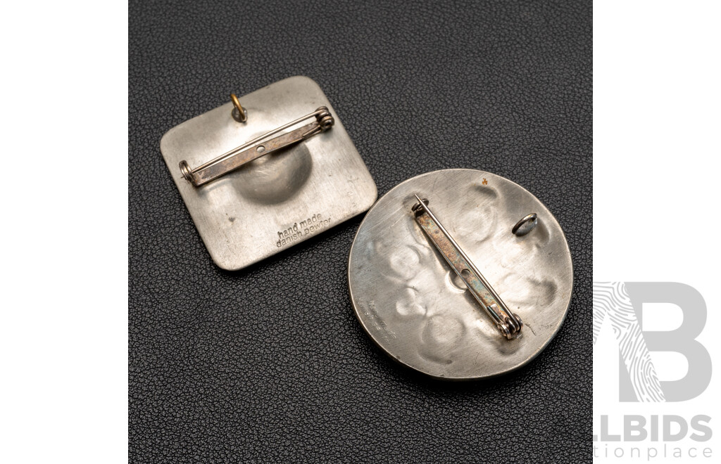 Danish Pewter (2) Handmade Brooches/pendants, 48mm/41mm, Hallmarked