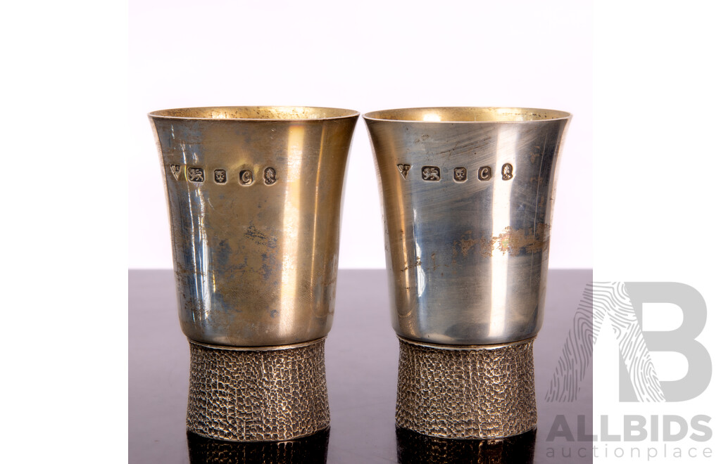 Pair Vintage Sterling Silver Beakers with Modernist Bases, London, 1977, Weight 355gm