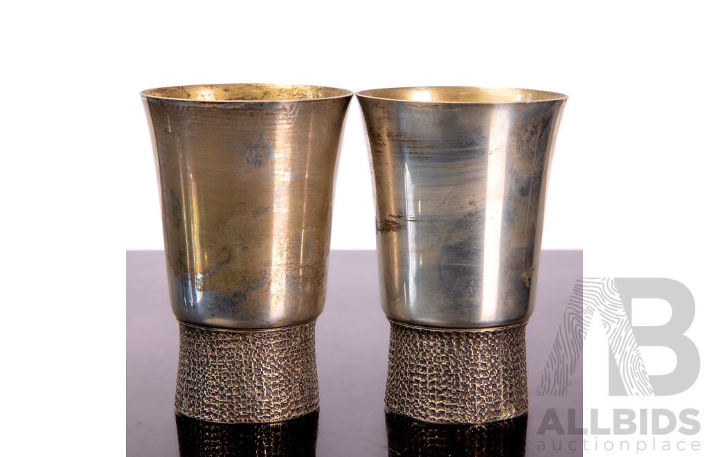 Pair Vintage Sterling Silver Beakers with Modernist Bases, London, 1977, Weight 355gm