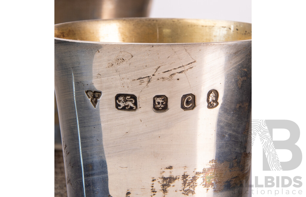 Pair Vintage Sterling Silver Beakers with Modernist Bases, London, 1977, Weight 355gm