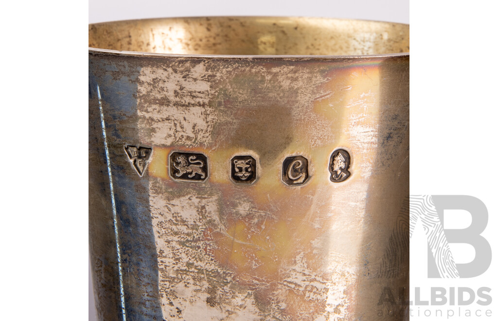 Pair Vintage Sterling Silver Beakers with Modernist Bases, London, 1977, Weight 355gm