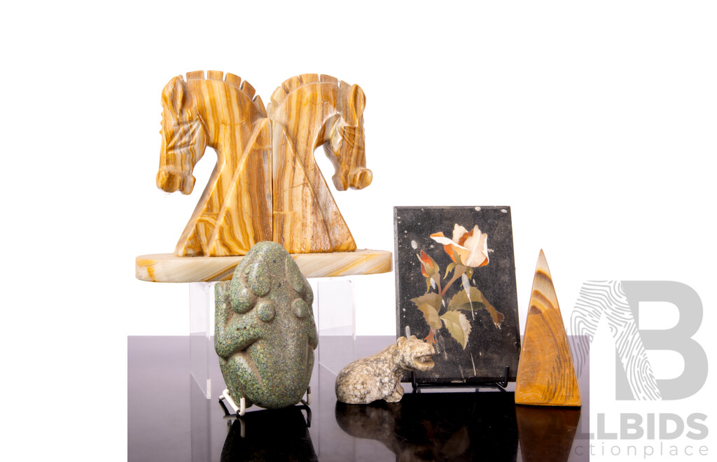 Collection Stone Carvings Including Pair Horse Head Onyx Bookends, Pietra Dura Coaster and More