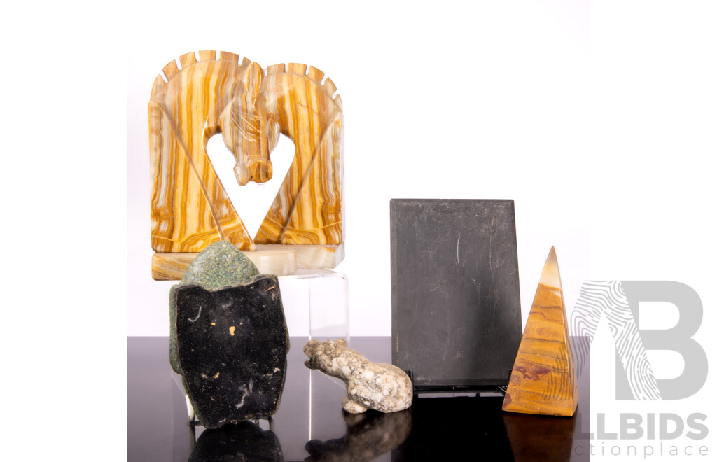 Collection Stone Carvings Including Pair Horse Head Onyx Bookends, Pietra Dura Coaster and More