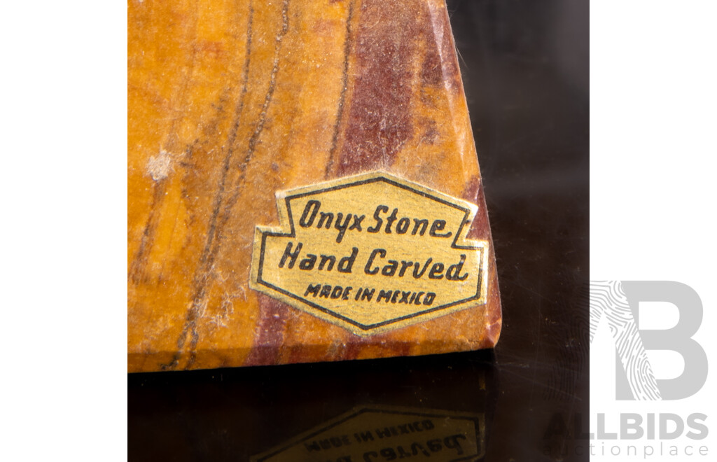 Collection Stone Carvings Including Pair Horse Head Onyx Bookends, Pietra Dura Coaster and More