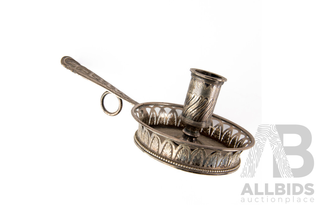 Antique Sterling Silver Candle Holder with Engraved Snake & Frog Detail to Handle, London 1884, James Barclay Hennell, Weight 150gm