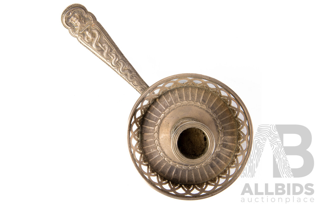 Antique Sterling Silver Candle Holder with Engraved Snake & Frog Detail to Handle, London 1884, James Barclay Hennell, Weight 150gm