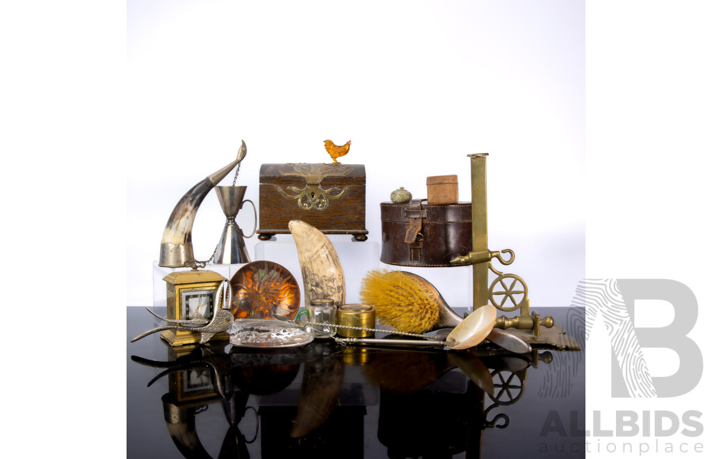 Gentle Persons Lot Including Composite Whale Tooth with Scrimshaw Style Decoration, Art Nouveau Casket with Brass Detail, Drinking Horn, Ladle with Nautilus Bowl and More