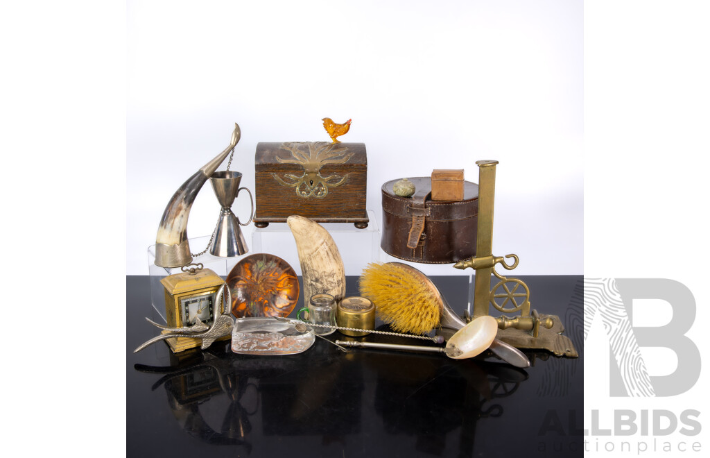 Gentle Persons Lot Including Composite Whale Tooth with Scrimshaw Style Decoration, Art Nouveau Casket with Brass Detail, Drinking Horn, Ladle with Nautilus Bowl and More