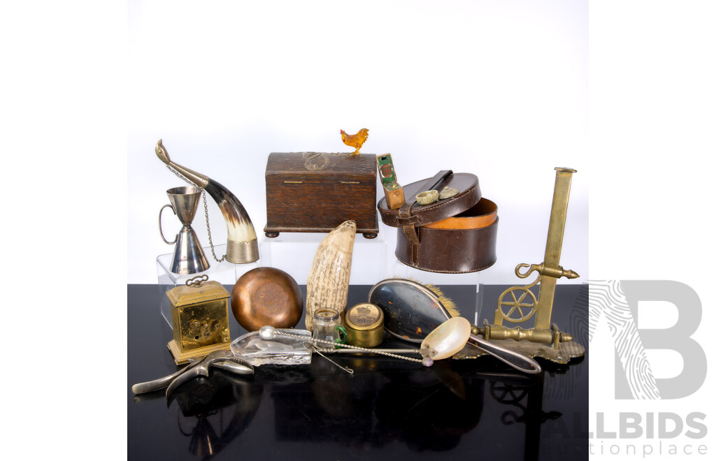 Gentle Persons Lot Including Composite Whale Tooth with Scrimshaw Style Decoration, Art Nouveau Casket with Brass Detail, Drinking Horn, Ladle with Nautilus Bowl and More