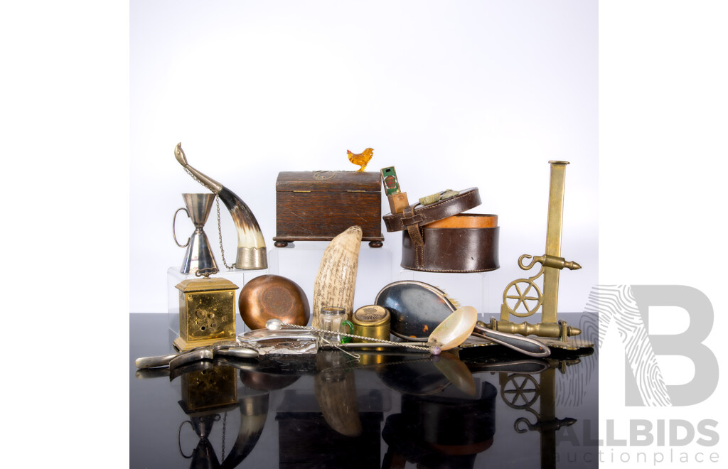 Gentle Persons Lot Including Composite Whale Tooth with Scrimshaw Style Decoration, Art Nouveau Casket with Brass Detail, Drinking Horn, Ladle with Nautilus Bowl and More