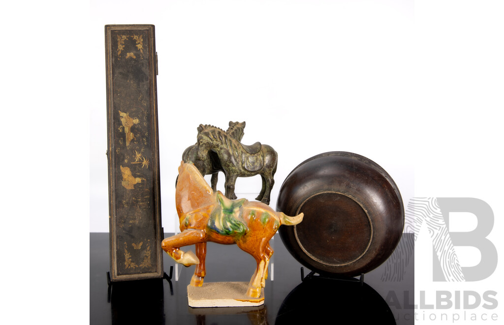 Collection Asian Items Including Wooden Lidded Container with Carved Scene to Lid, Ang Style Pottery Horse Figure and More