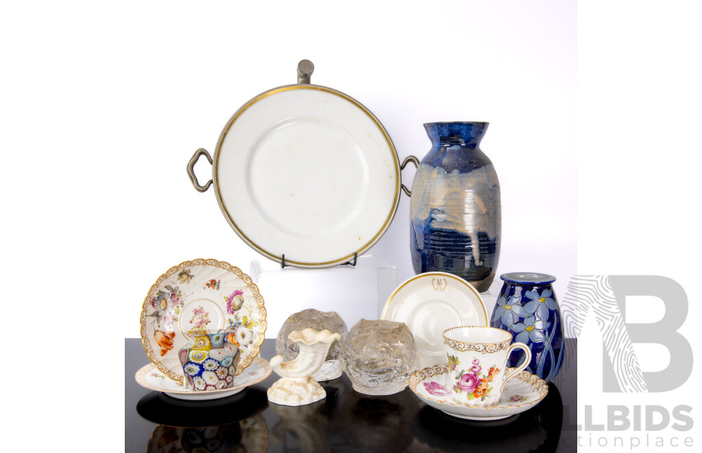 Collection Items Including Pair Kosta Boda Snowball Votives, Two Studio Pottery Vases, Four Pieces Antique Dresden Porcelain, Belleek Porcelain Vase & Millefiori Vase