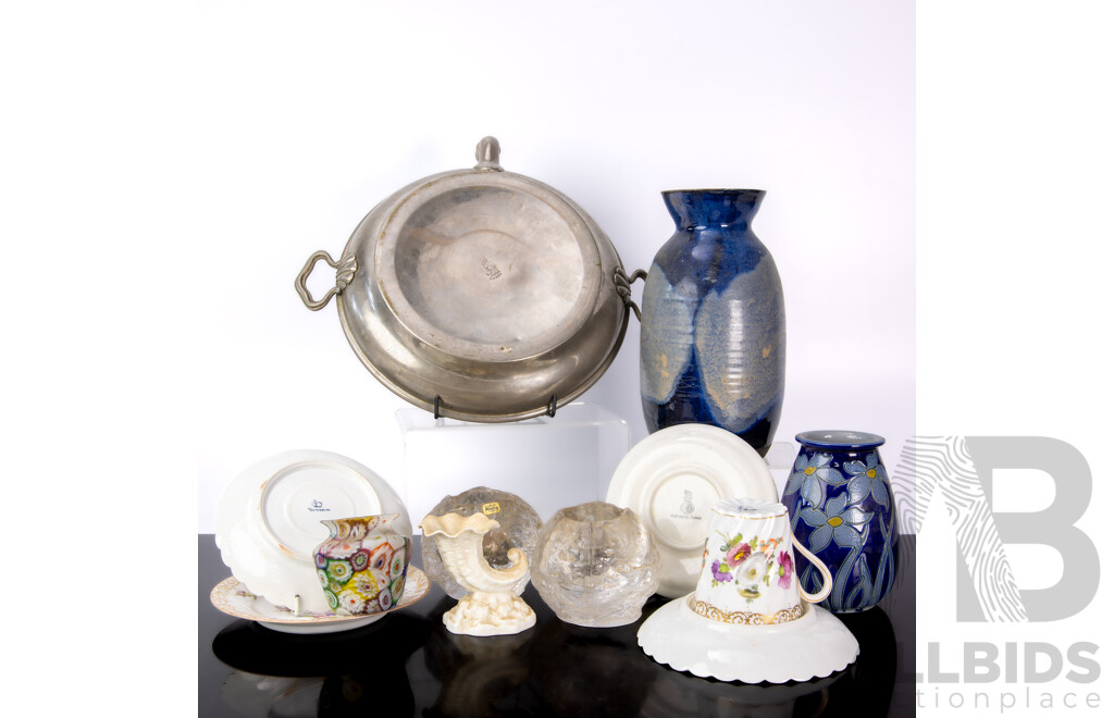 Collection Items Including Pair Kosta Boda Snowball Votives, Two Studio Pottery Vases, Four Pieces Antique Dresden Porcelain, Belleek Porcelain Vase & Millefiori Vase