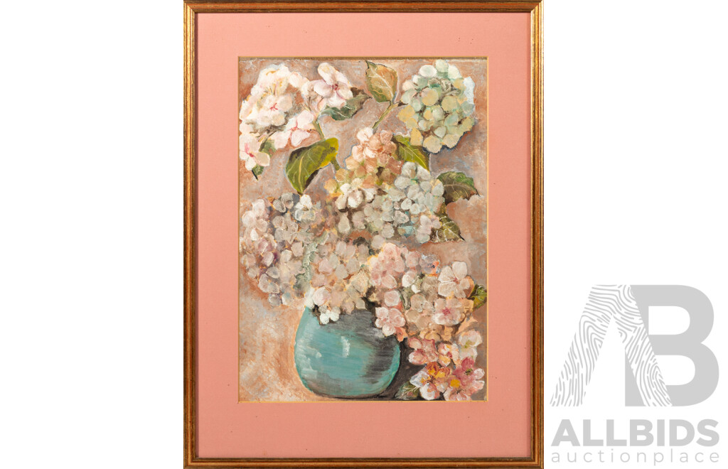 Brenda Perry (20th Century), Hydrangea Posy in Blue Vase, Original Vintage Oil on Heavy Card, 52 x 40 cm (frame)