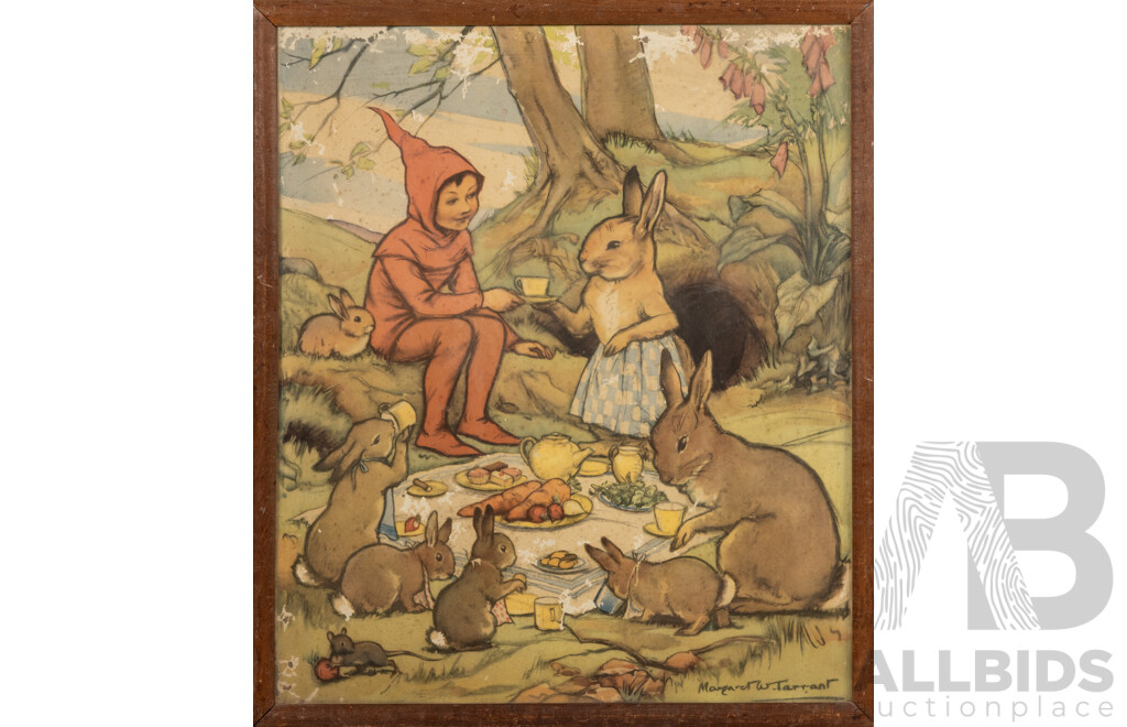 Margaret W(inifrid) Tarrant, (19/20th Centuries, British, 1888-1959), an Elf to Tea - Bunny Picnic, Vintage Colour Poster Reproduction Print, 57.5 x 49.5 cm (frame)