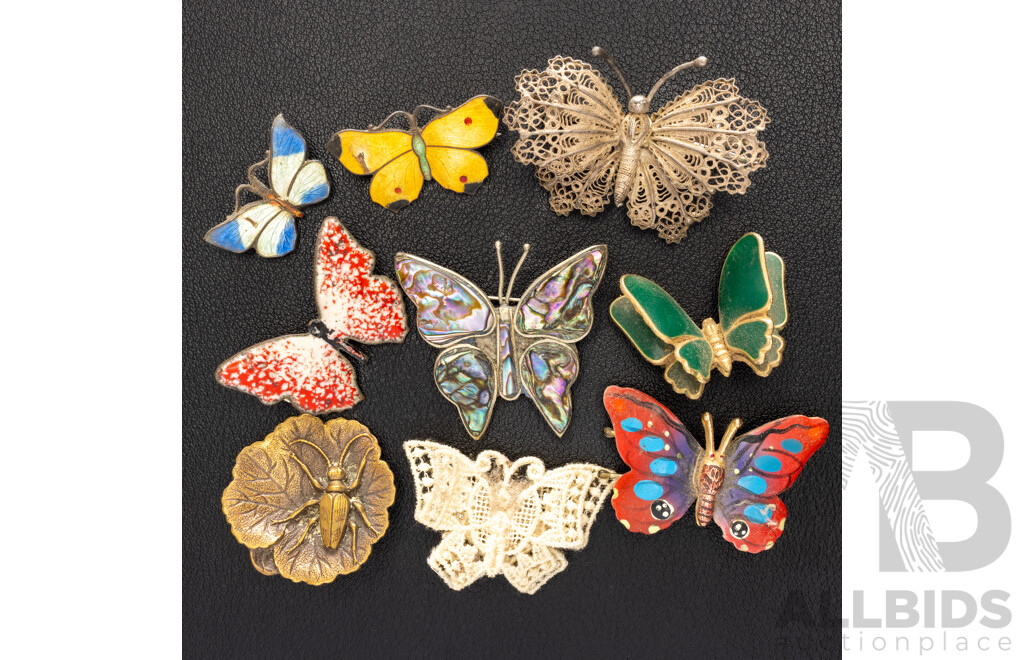 Antique & Vintage Collection of (8) Butterfly Brooches Including Yellow Butterfly (1916) & Brass Beetle Button