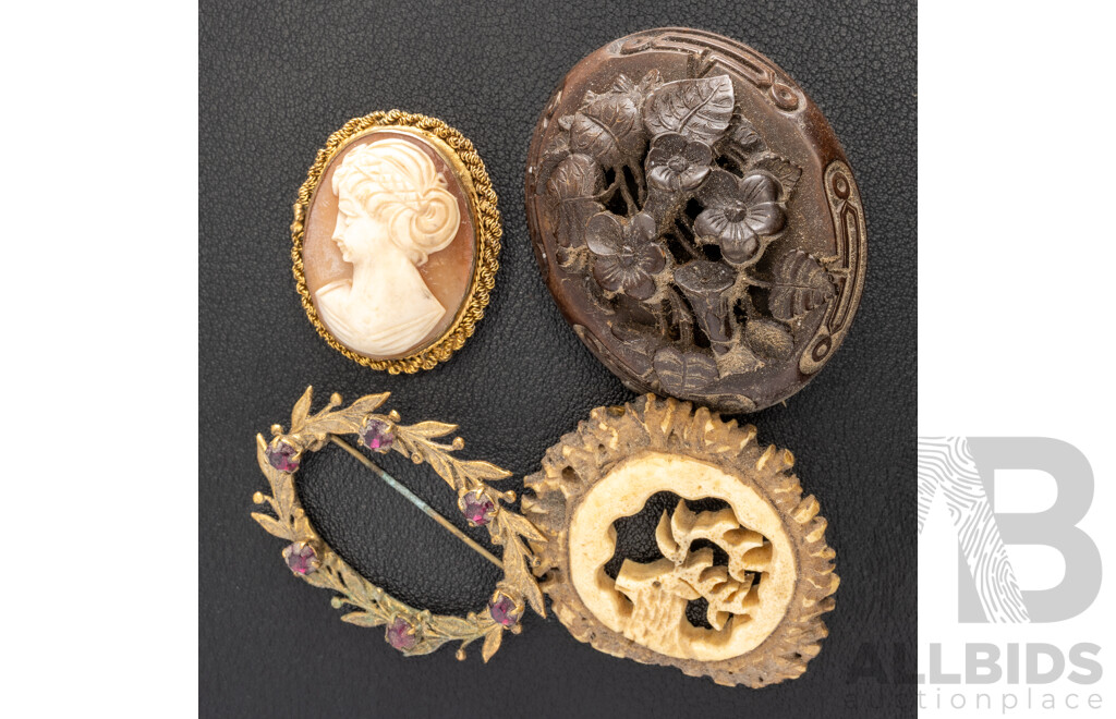 Antique Victorian Floral Carved Wood Mourning Brooch with (3) Vintage Brooches