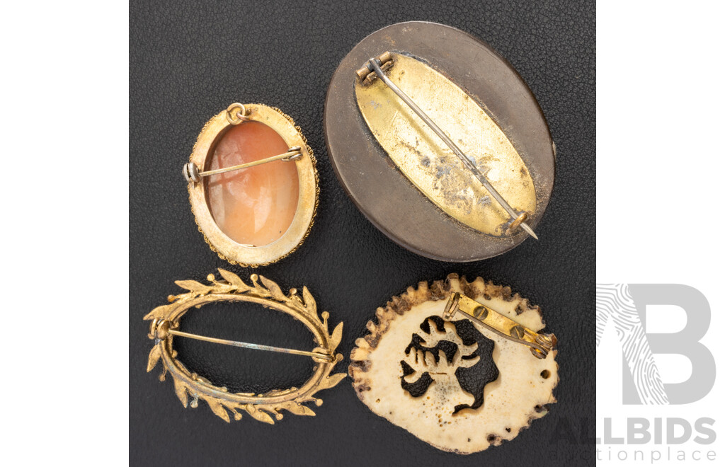 Antique Victorian Floral Carved Wood Mourning Brooch with (3) Vintage Brooches