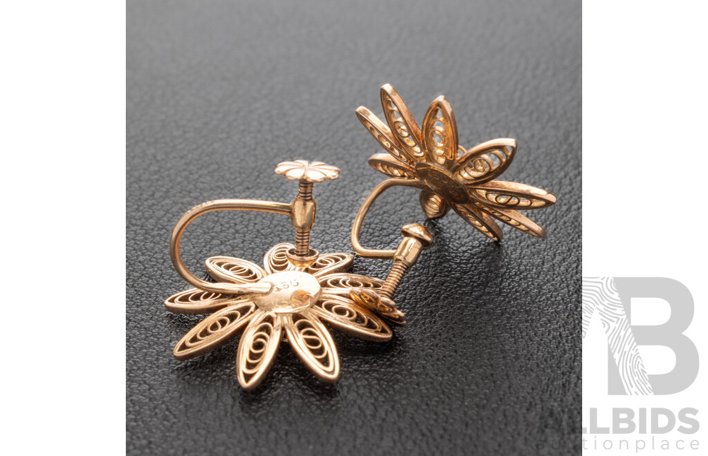 9ct Vintage Filigree Daisy Earrings with Screw Back Clip on Fittings, 22mm, 2.76 Grams