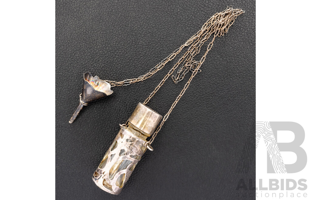 Vintage Sterling Silver & Glass Perfume Bottle and Funnel on Fine Fancy Belcher Link Chain, 16.15 Grams