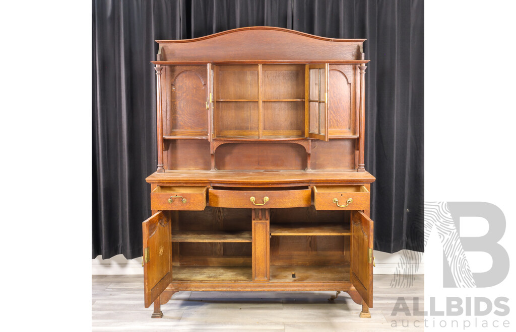 English Arts and Crafts Silky Oak Two Door Sideboard with Hutch