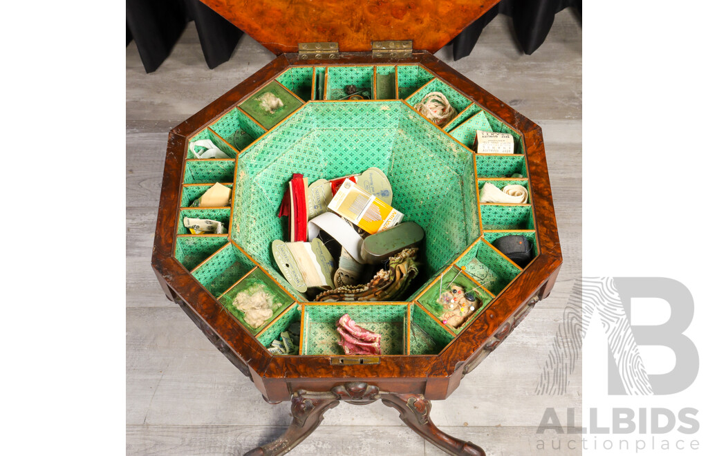 Victorian Bur Walnut Single Pedestal Sewing Caddy