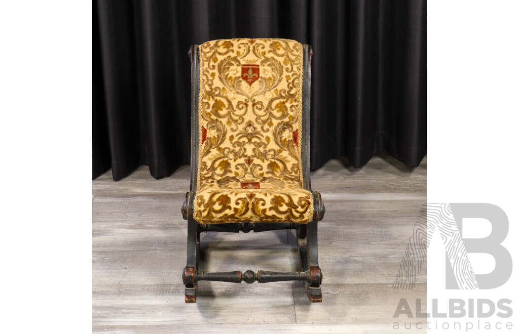 Victorian Mahogany Slipper Rocking Chair with Damask Upholstery and Ebonised Finish