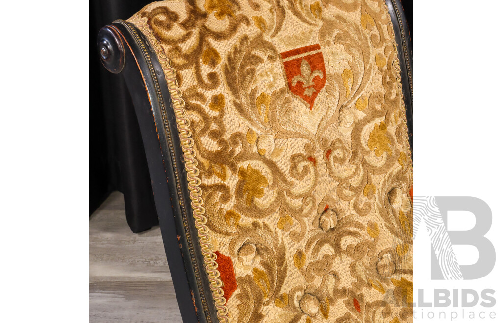 Victorian Mahogany Slipper Rocking Chair with Damask Upholstery and Ebonised Finish