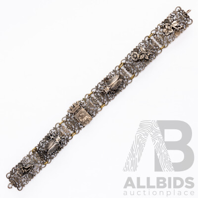 Antique French Silver Panel Bracelet with 'Grasse' Coat of Arms, Insects & Flowers, 18.02 Grams