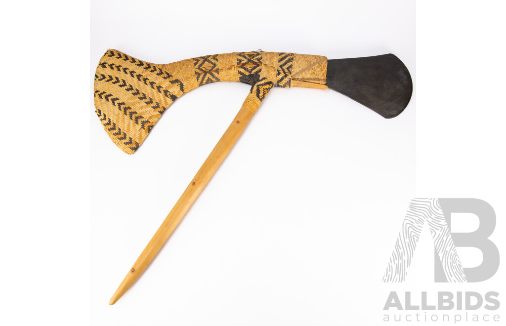 Vintage PNG Mount Hagen Ceremonial Axe with Woven Fibre and Slate Blade