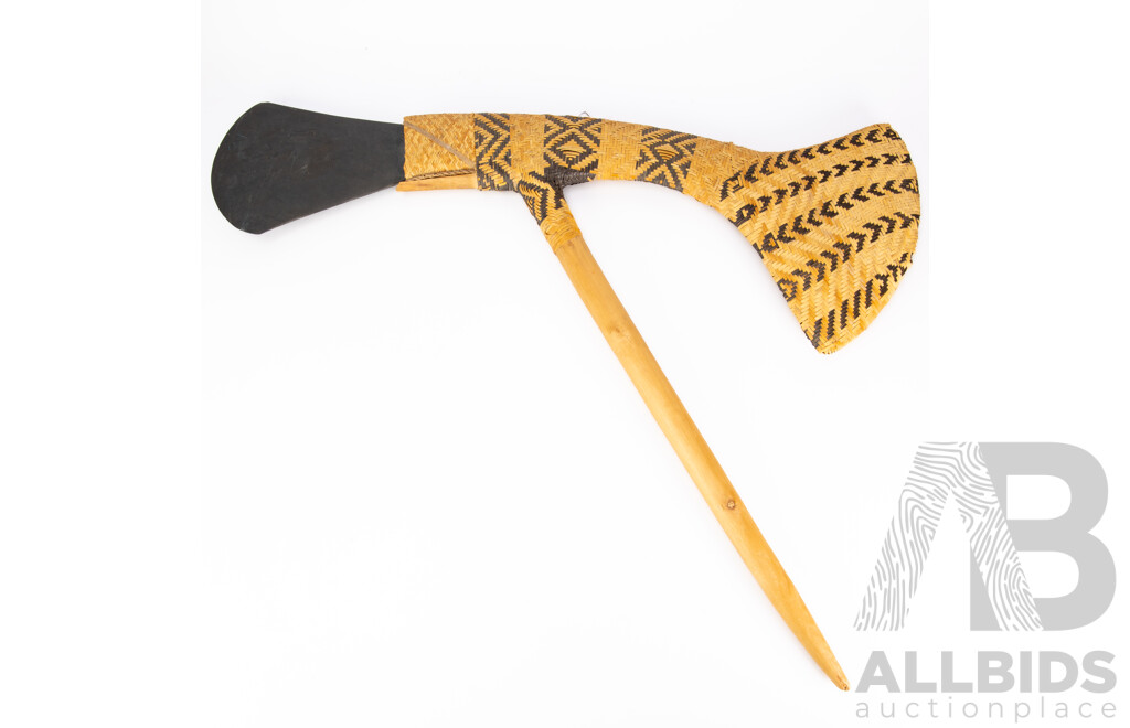 Vintage PNG Mount Hagen Ceremonial Axe with Woven Fibre and Slate Blade