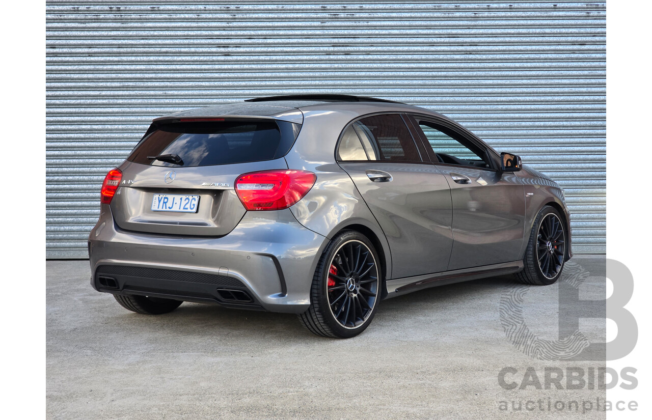 07/2015 Mercedes Benz A45 AMG (AWD) 176 MY15 5d Hatchback Mountain Grey Metallic Turbo 2.0L