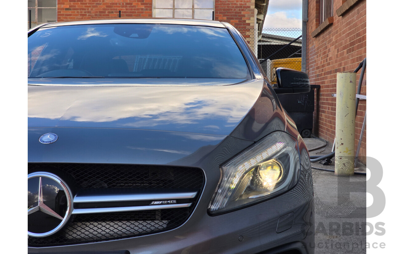 07/2015 Mercedes Benz A45 AMG (AWD) 176 MY15 5d Hatchback Mountain Grey Metallic Turbo 2.0L