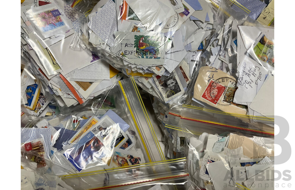 Collection of Cancelled Australian Stamps, Examples Spanning Predecimal to 2000's, KGVI, QE2 , Bicentennial, Transport, Nature and Much Much More, Fifty Bags Approximately 9 Kilograms