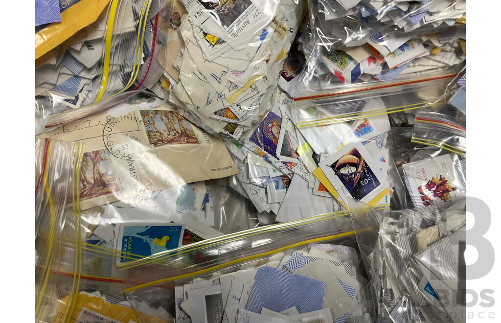 Collection of Cancelled Australian Stamps, Examples Spanning Predecimal to 2000's, KGVI, QE2 , Bicentennial, Transport, Nature and Much Much More, Fifty Bags Approximately 9 Kilograms