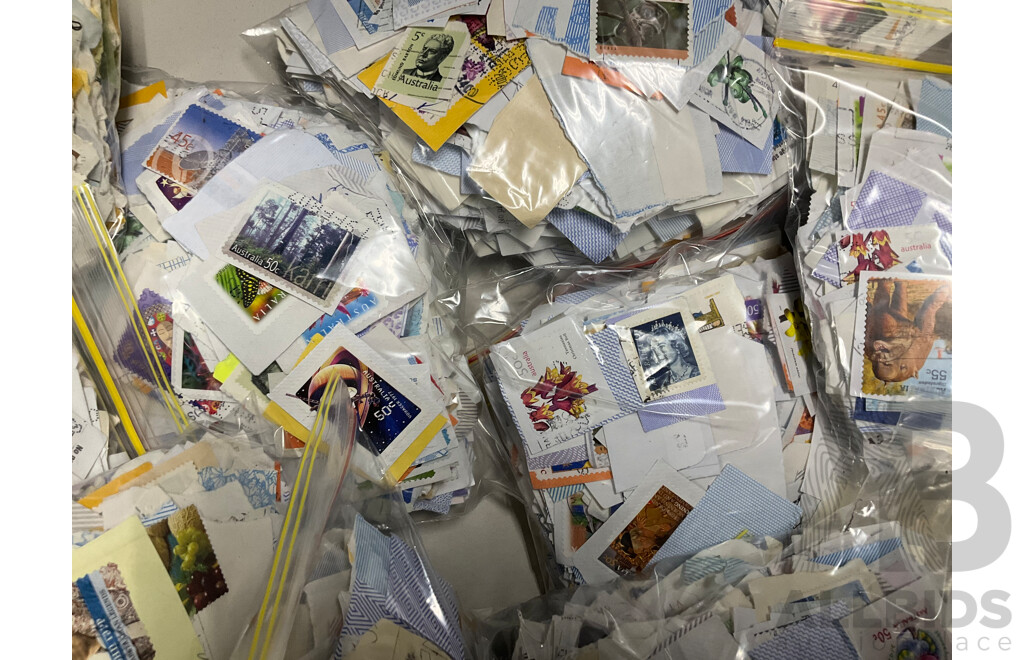 Collection of Cancelled Australian Stamps, Examples Spanning Predecimal to 2000's, KGVI, QE2 , Bicentennial, Transport, Nature and Much Much More, Fifty Bags Approximately 9 Kilograms