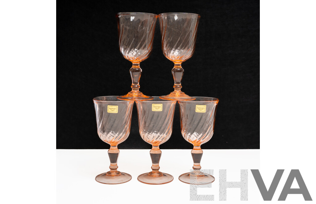 Set of Five Luminarc 'Rosaline' Pink Swirl Water Goblets