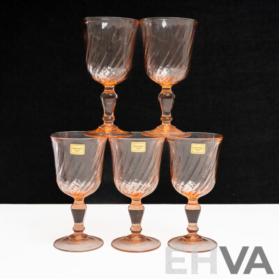 Set of Five Luminarc 'Rosaline' Pink Swirl Water Goblets