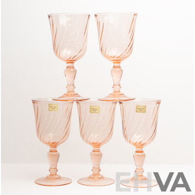 Set of Five Luminarc 'Rosaline' Pink Swirl Water Goblets