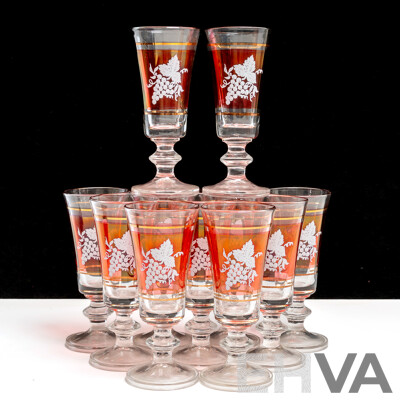 Set of 11 Vintage Italian Lubiana Ruby and Gold Aperitif Cordial Liqueur Glasses