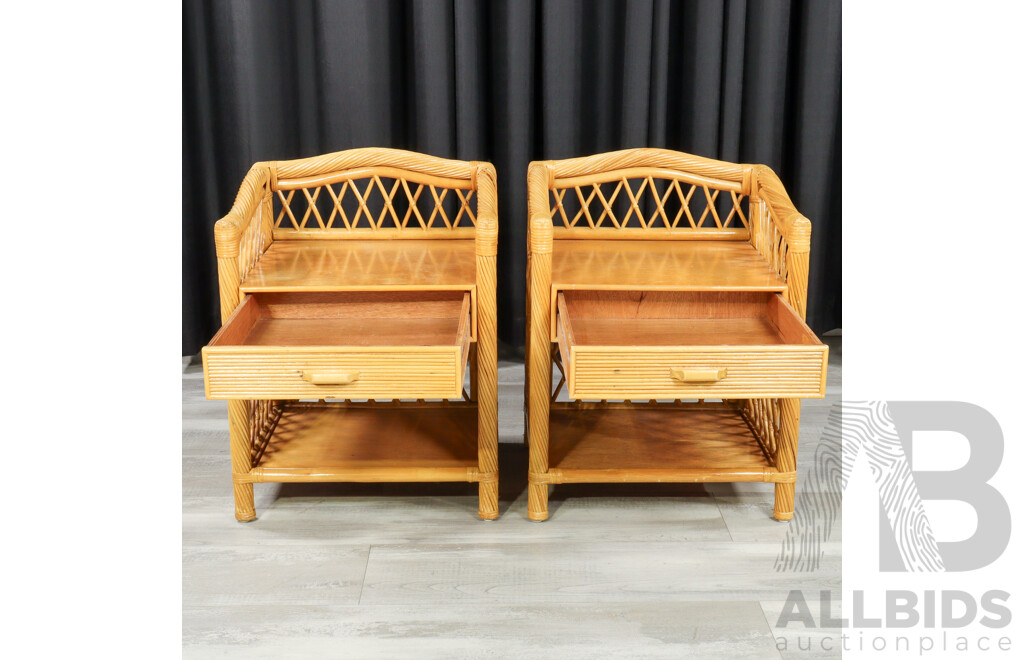 Pair of Vintage Cane and Ply Bedside Chests with Matched Double Bedhead