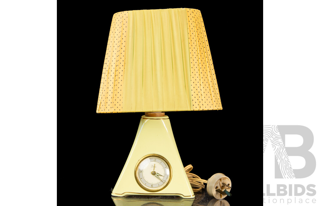 Retro Butter Yellow Diana Pottery Lamp with Built in Alarm Clock and Ribbon Shade