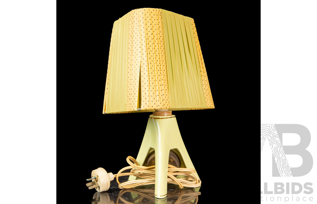 Retro Butter Yellow Diana Pottery Lamp with Built in Alarm Clock and Ribbon Shade