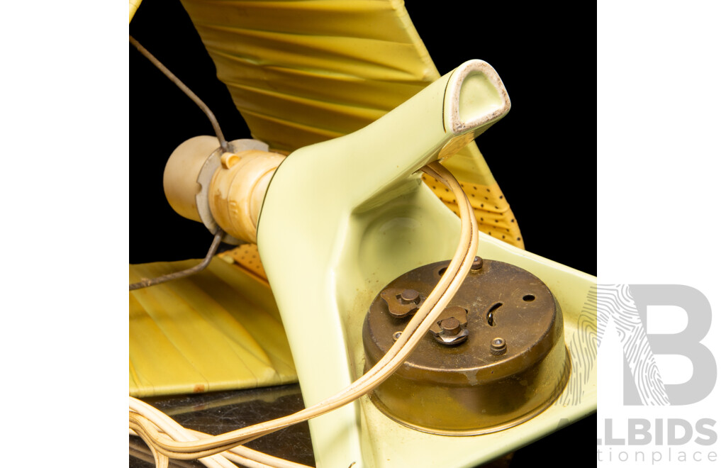 Retro Butter Yellow Diana Pottery Lamp with Built in Alarm Clock and Ribbon Shade