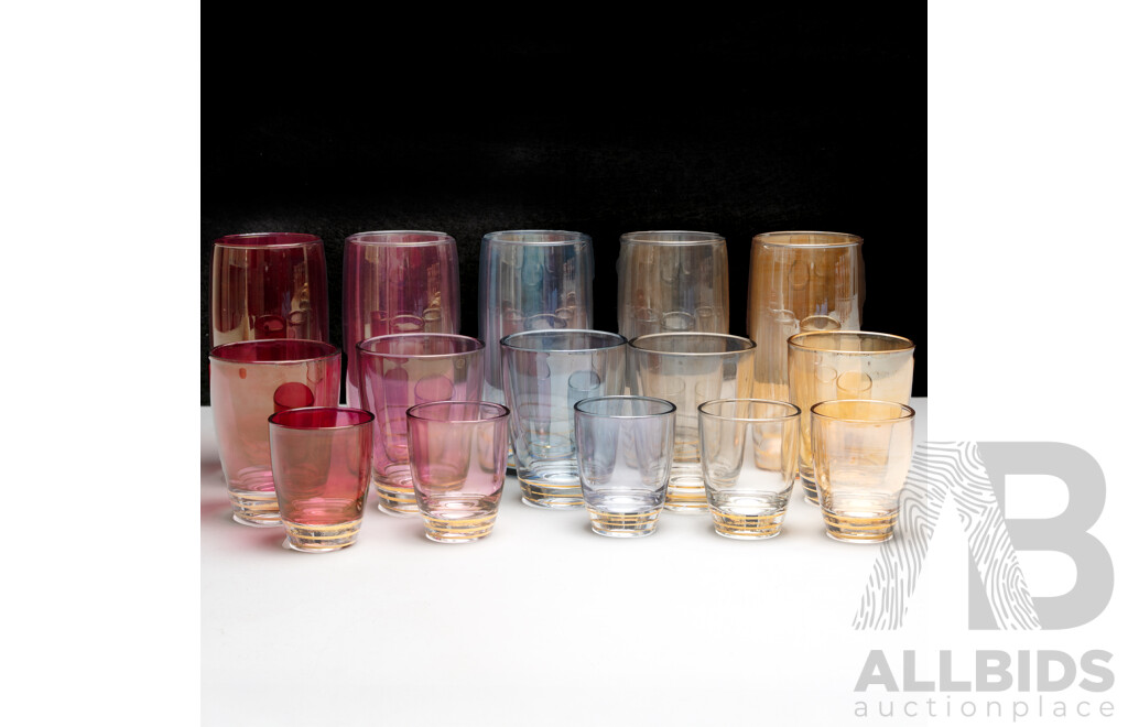 Five Sets of Matching Multicoloured Glassware with Gold Bands