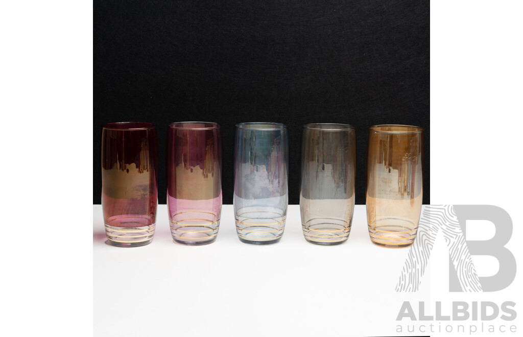 Five Sets of Matching Multicoloured Glassware with Gold Bands