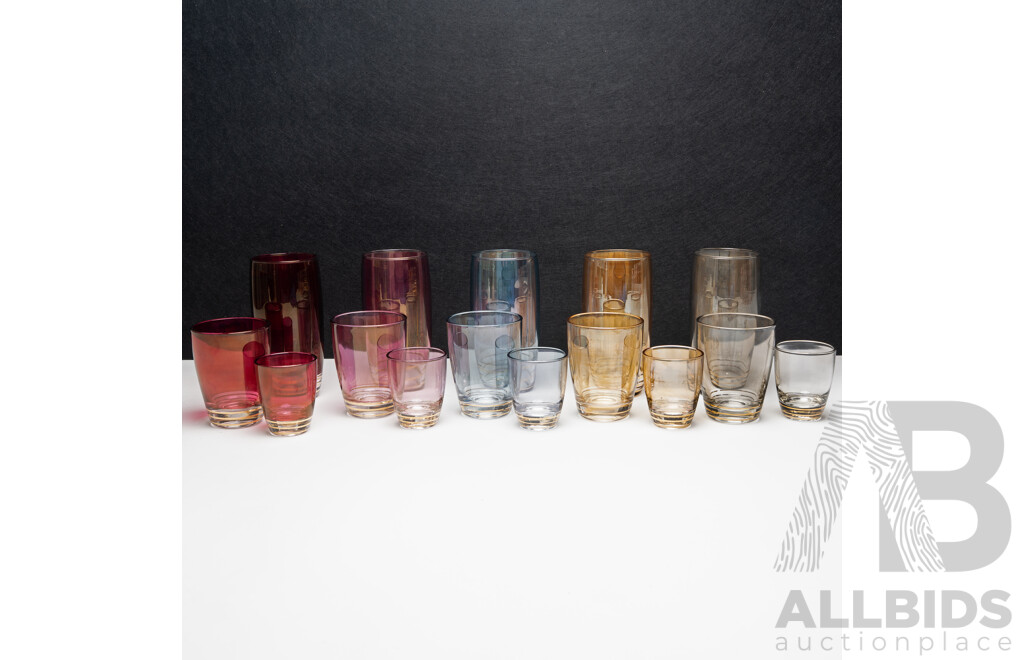 Five Sets of Matching Multicoloured Glassware with Gold Bands